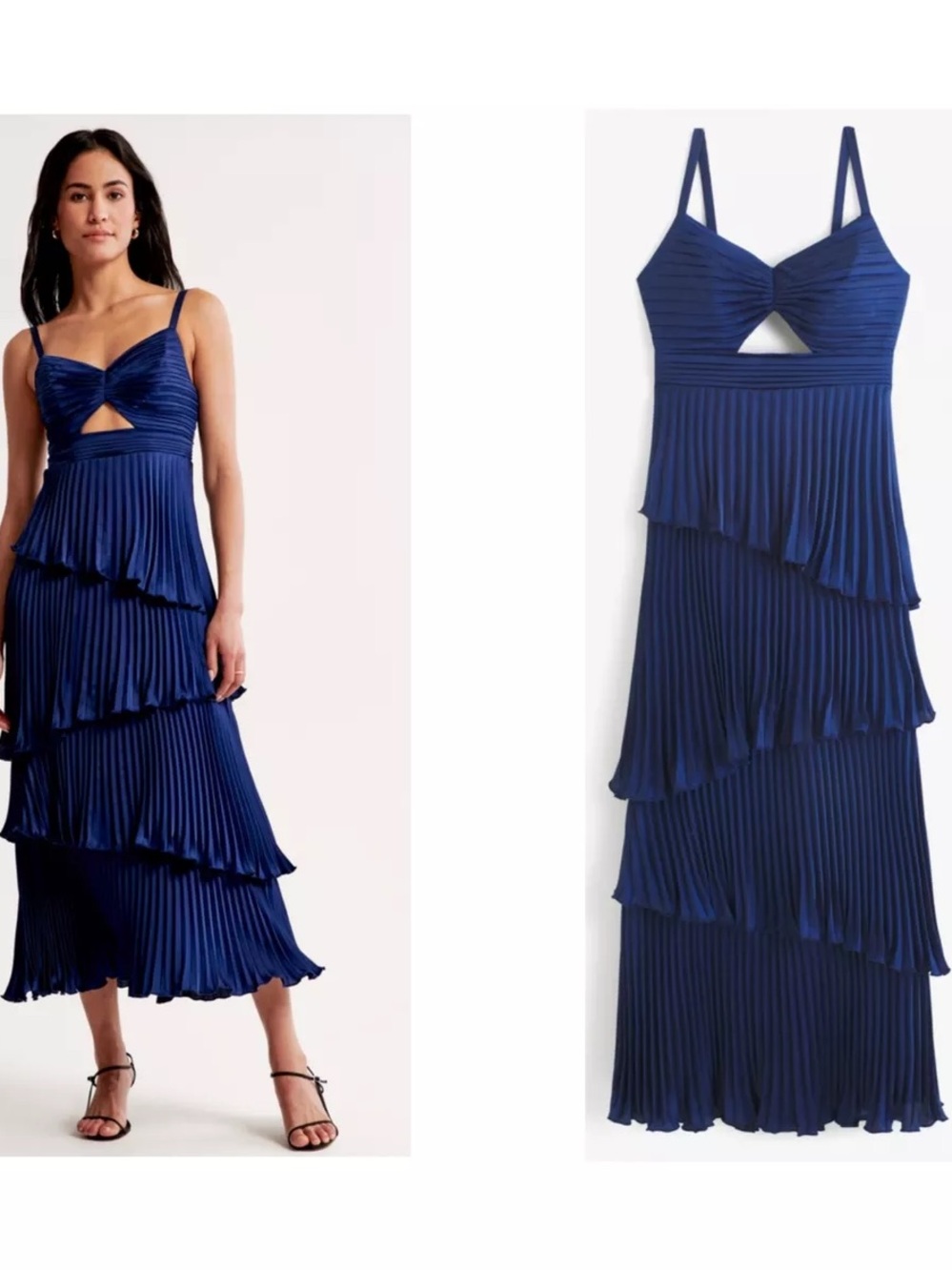 Abercrombie & Fitch Navy Pleated Tiered Midi Dress with Cutout
